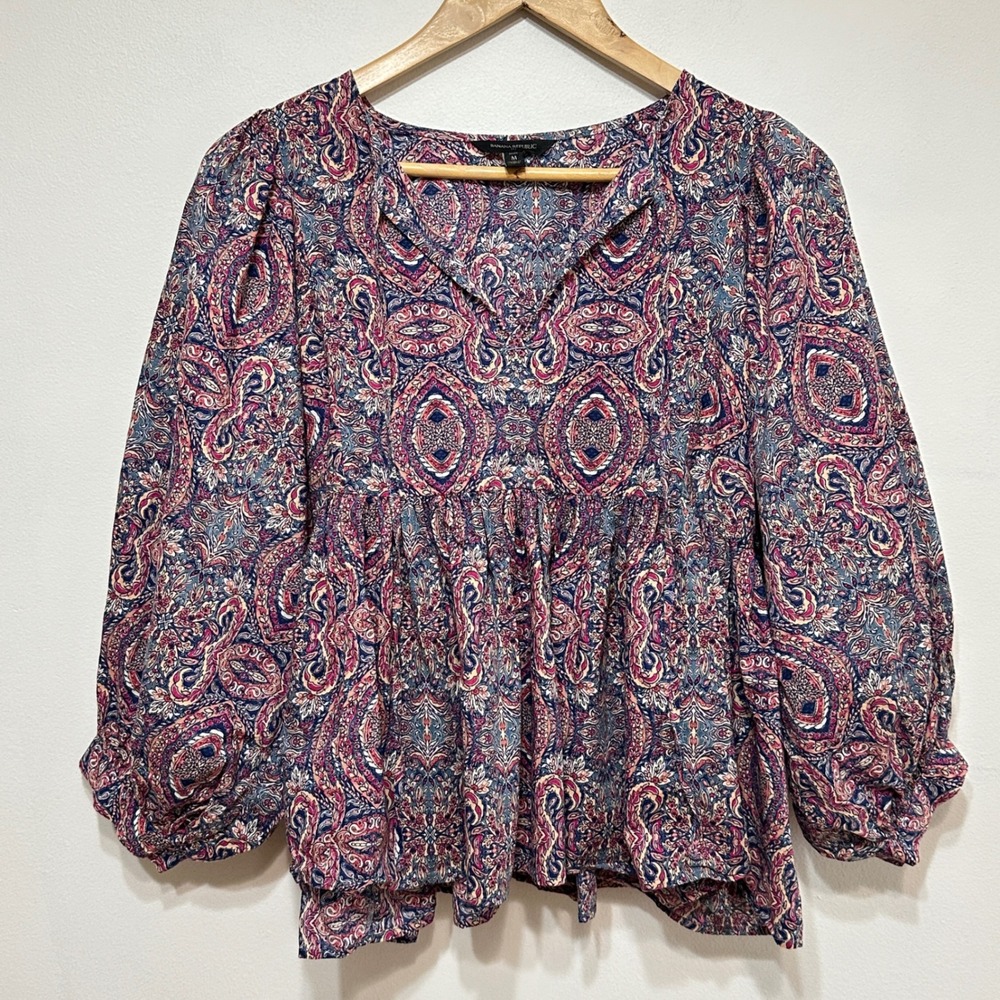 Banana Republic Balloon Sleeve Blouse Womens MP Paisley Peplum Cottage Boho Top‎